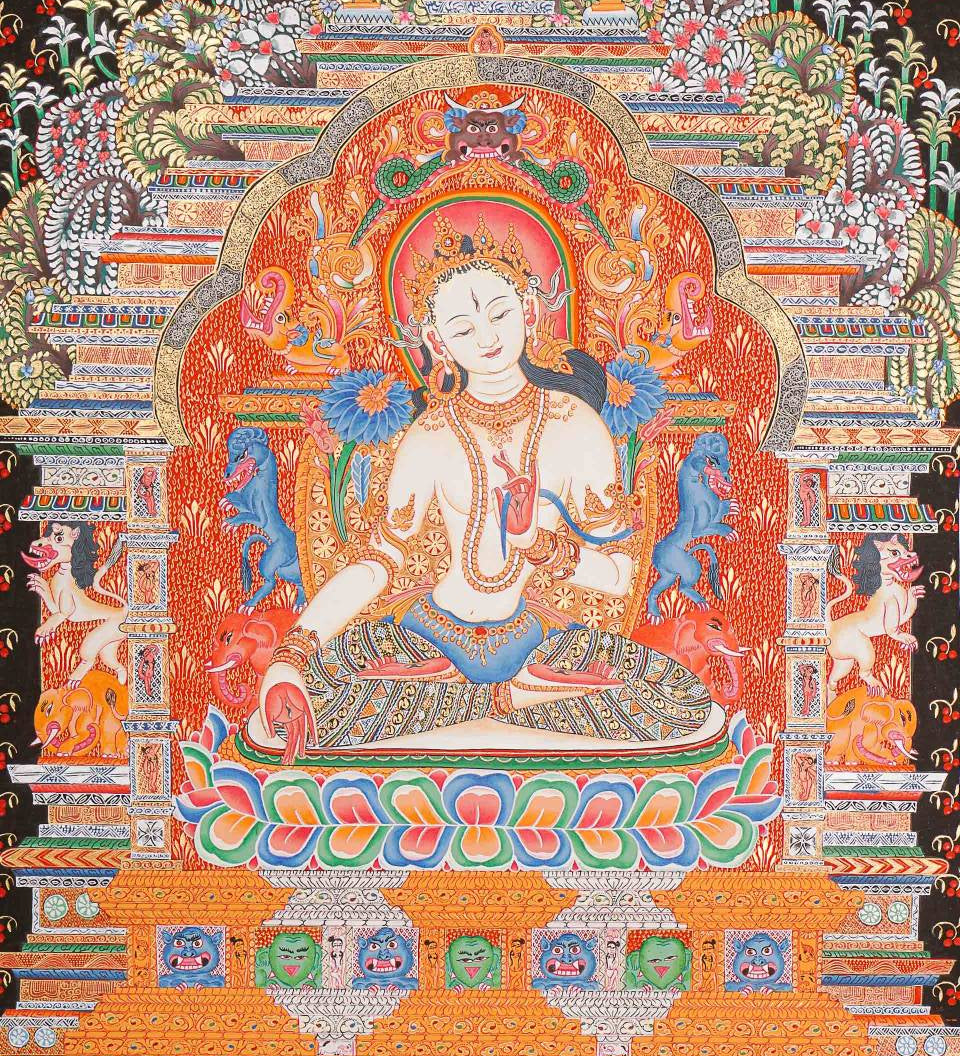 White Tara (Temple) Thangka Painting for prayer and meditation.