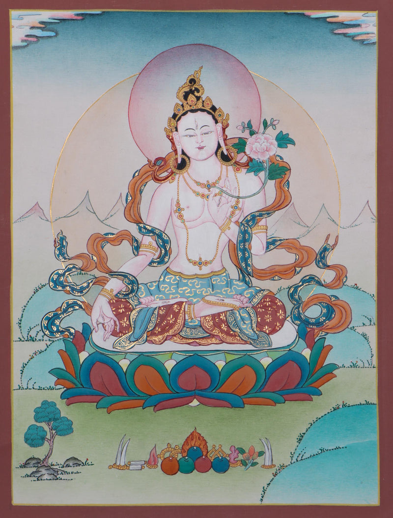White Tara Thangka Painting on Cotton Canvas for Wall Hanging and meditation practice