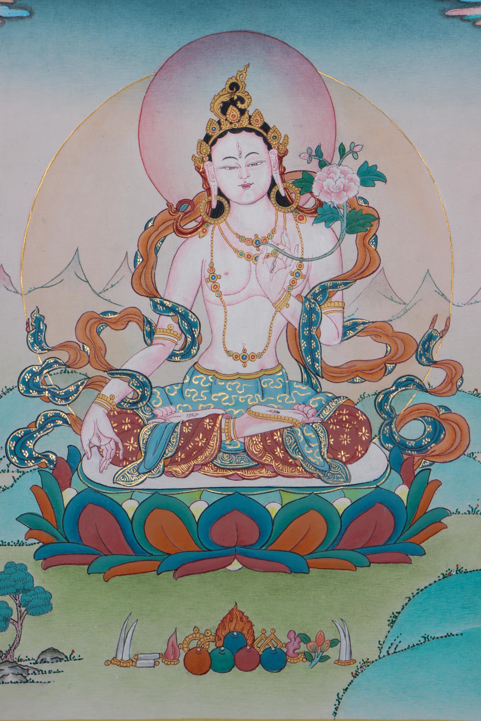 White Tara Thangka Painting on Cotton Canvas for Wall Hanging and meditation practice