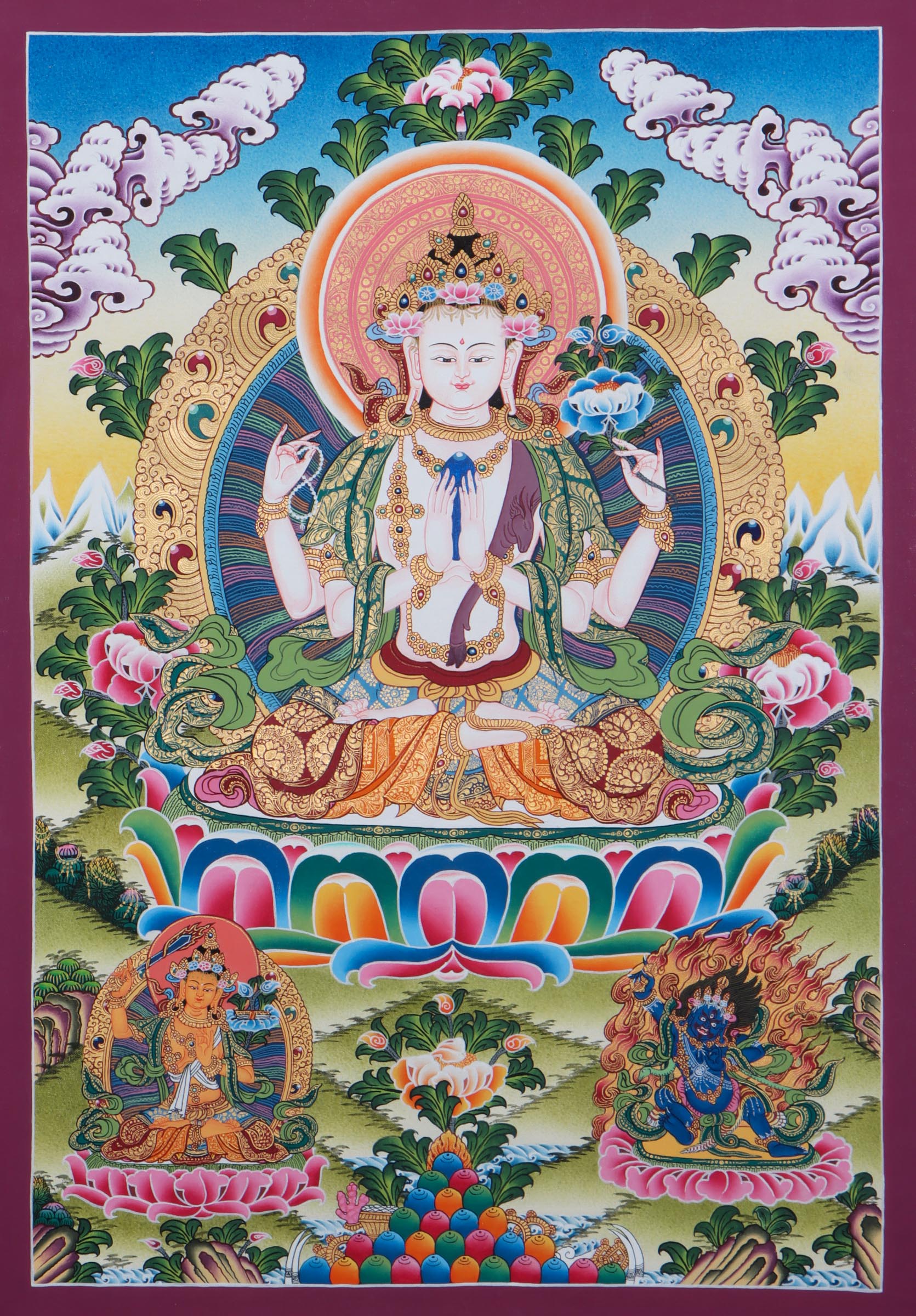 Authentic Tibetan Thangka - Chengresi with Manjusri and Vajrapani