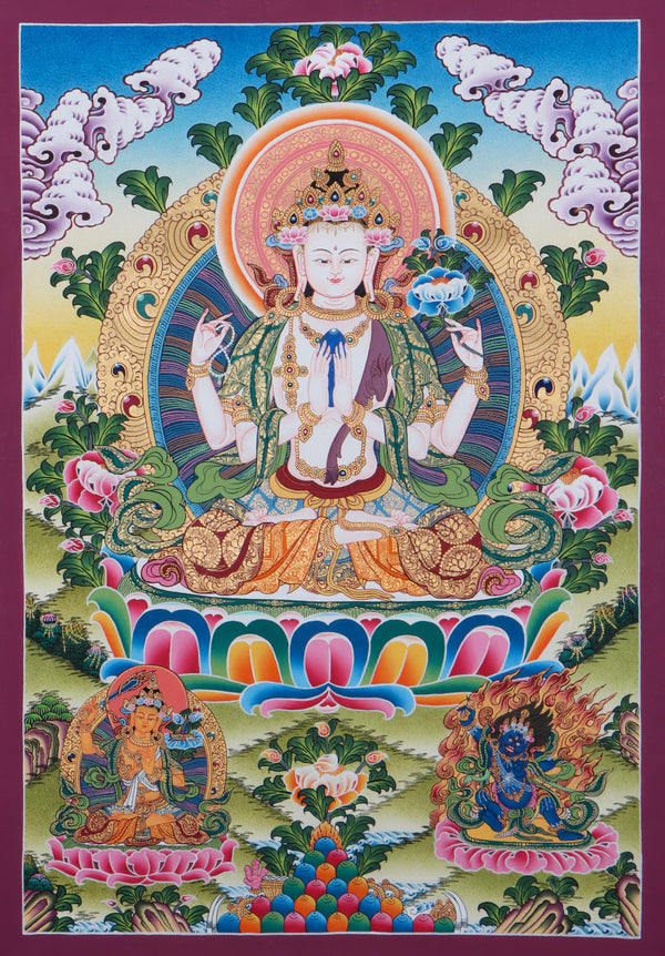 Authentic Tibetan Thangka - Chengresi with Manjusri and Vajrapani