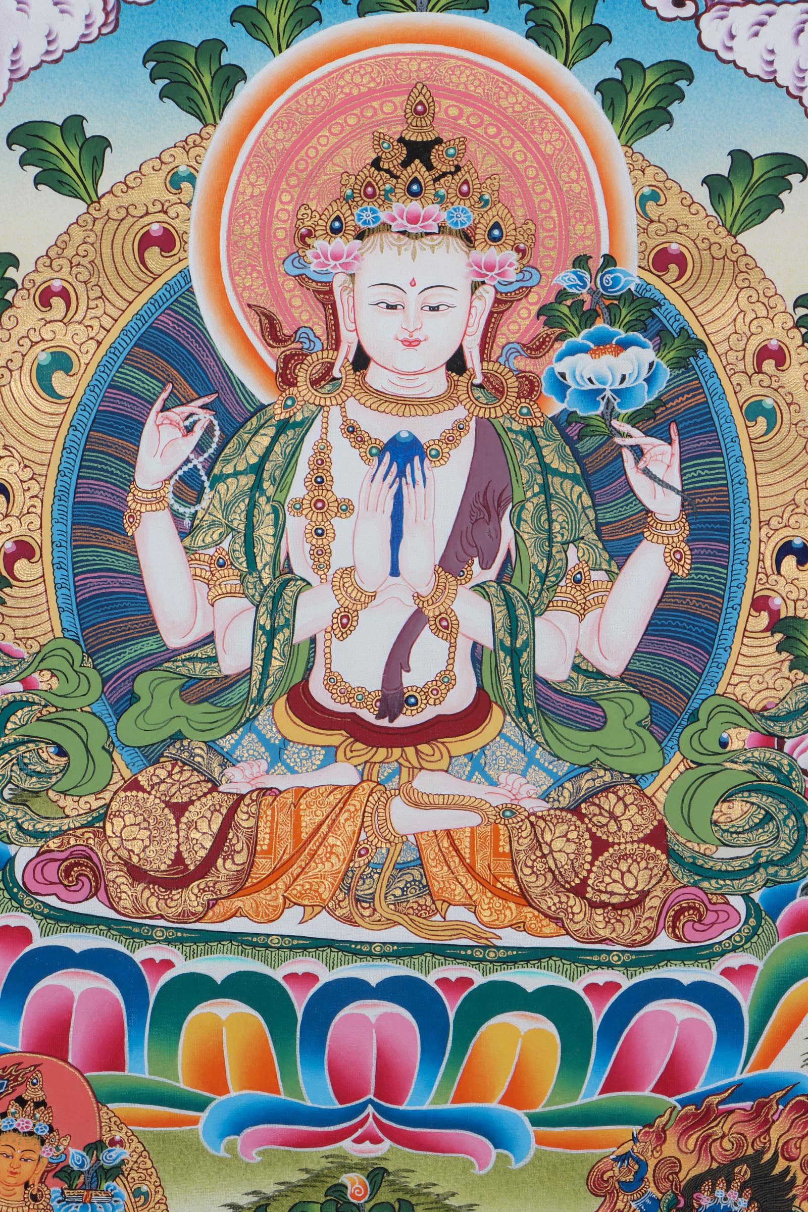 Authentic Tibetan Thangka - Chengresi with Manjusri and Vajrapani