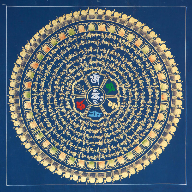 Blue Mantra Mandala is an especially sacred Thangka of Tibetan Buddhist artwork.
