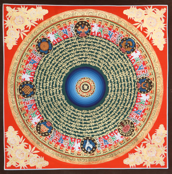 Mantra Mandala Thangka with  8 Auspicious Symbols of Tibetan Buddhism. 