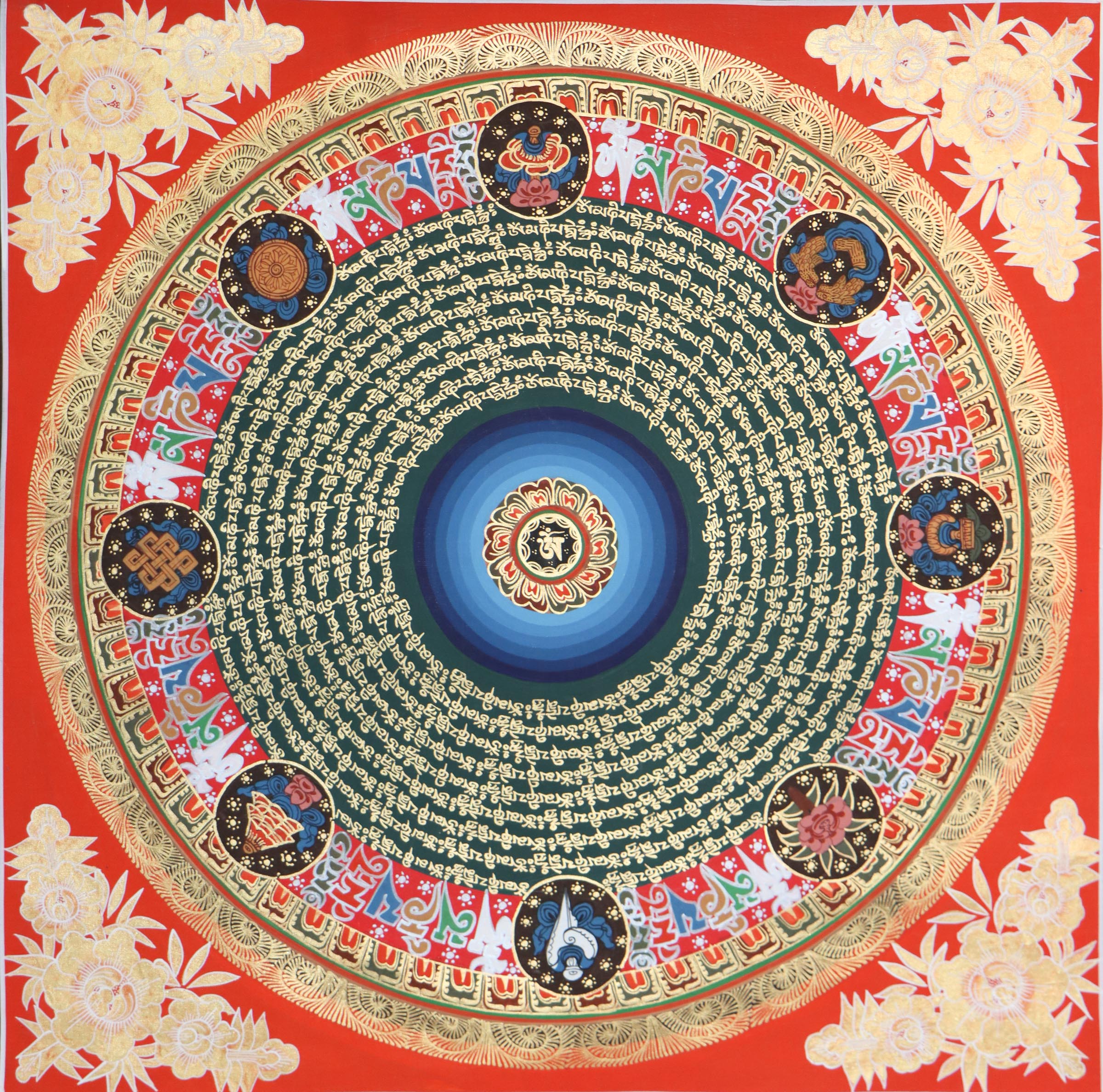Mantra Mandala Thangka with 8 Auspicious Symbols of Tibetan Buddhism.