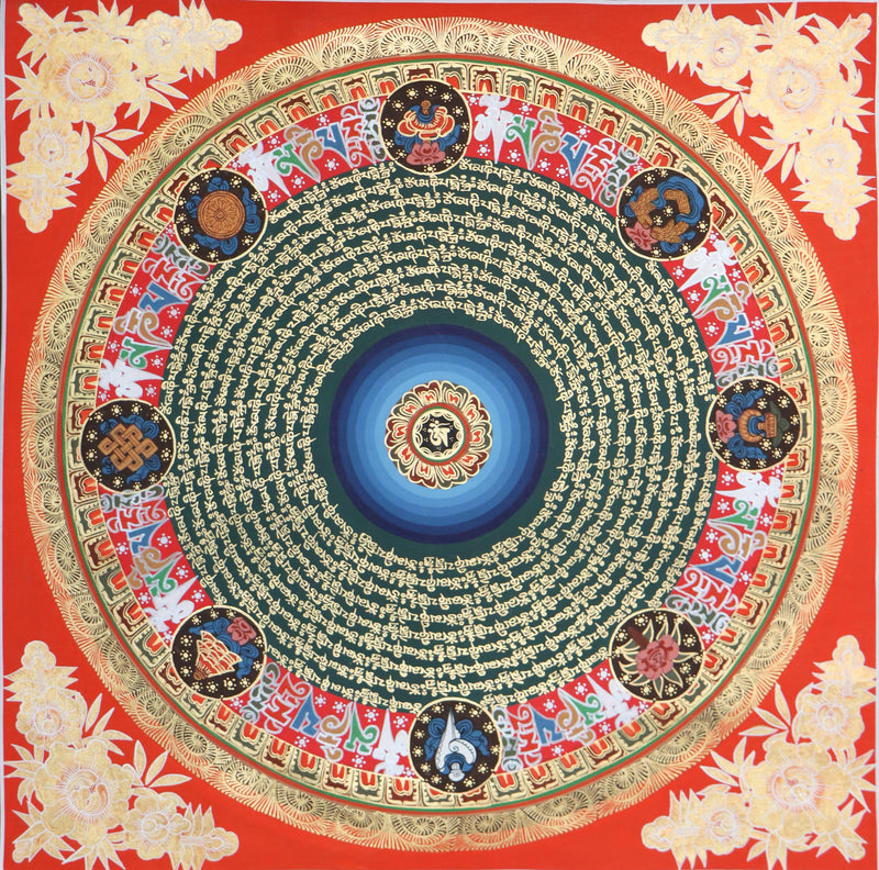 Mantra Mandala Thangka with 8 Auspicious Symbols of Tibetan Buddhism.