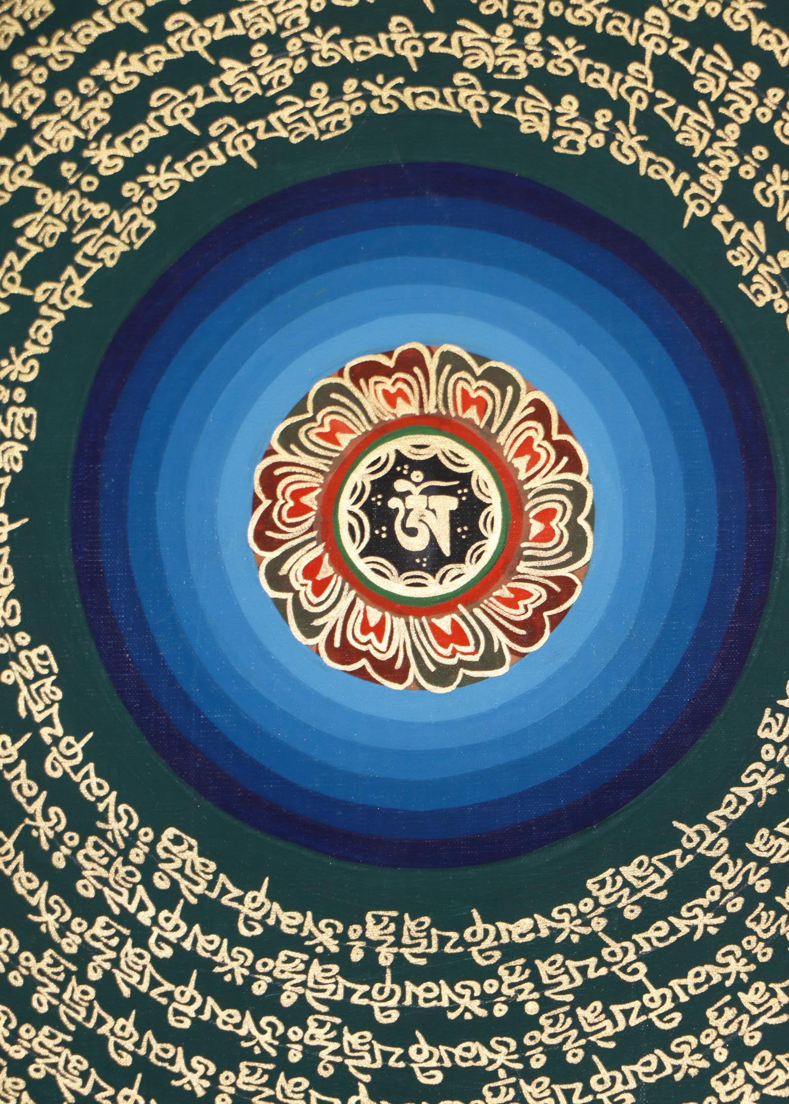 Mantra Mandala Thangka with 8 Auspicious Symbols of Tibetan Buddhism.