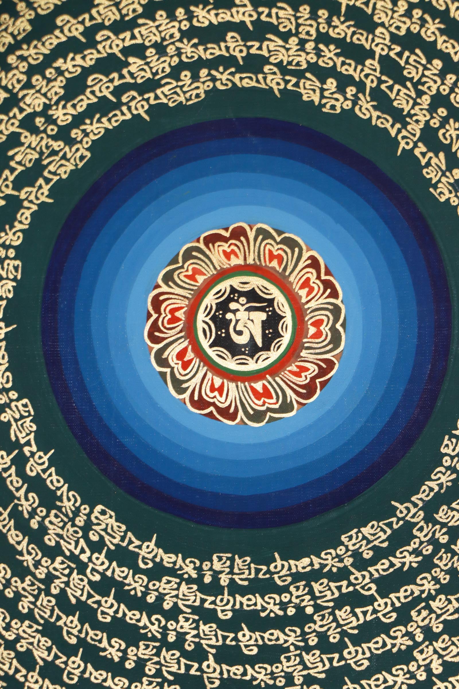 Mantra Mandala Thangka with 8 Auspicious Symbols of Tibetan Buddhism.