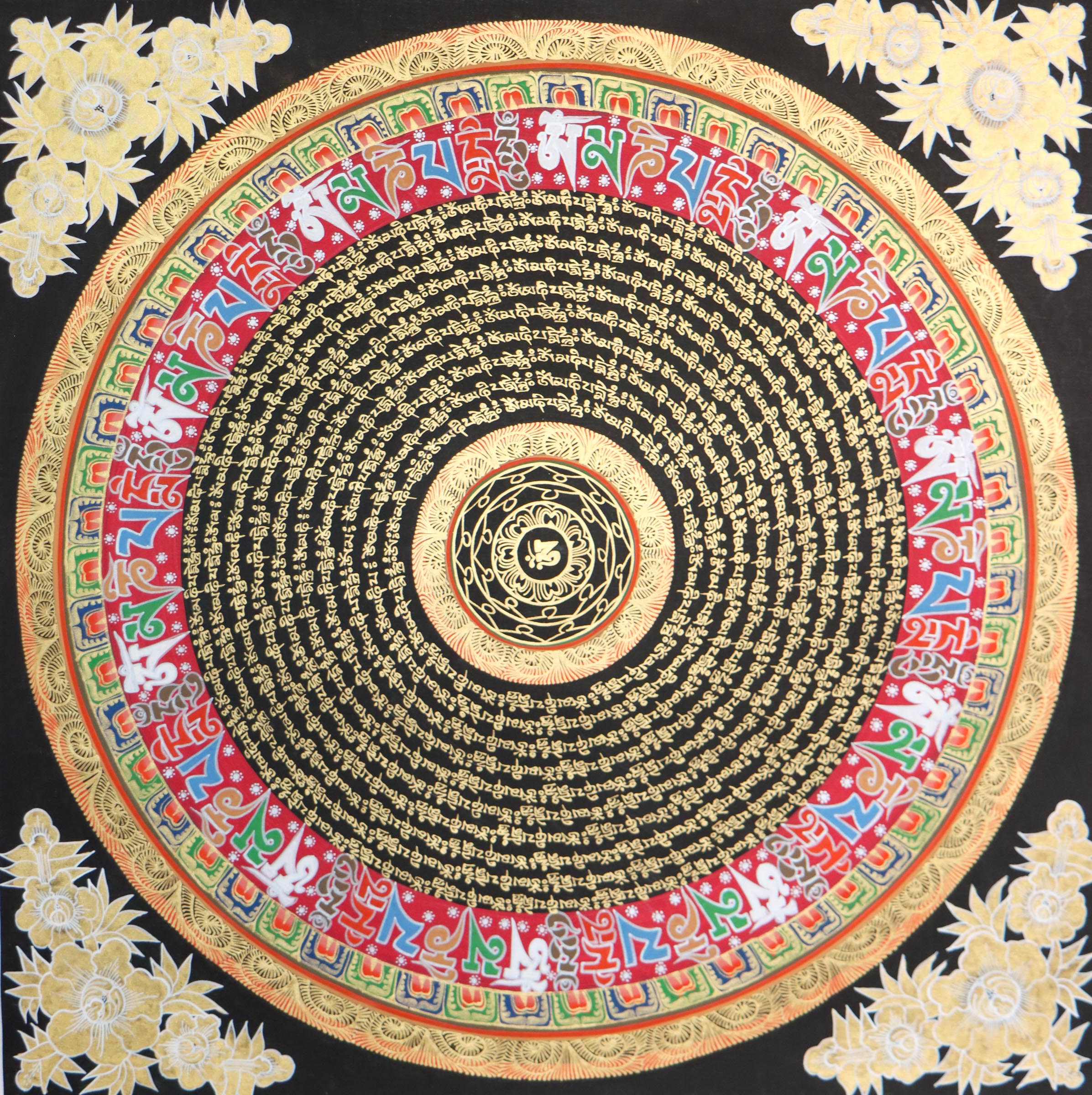Black and Gold Mandala large size for home decor - Tibetan Thangka for good luck and positive enrgy