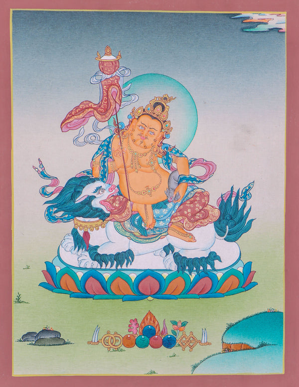 Zambala on snow lion for good luck and fortune Thangka Painting