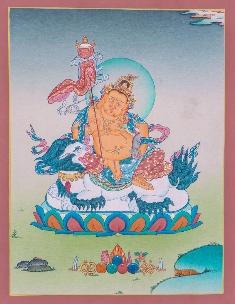 Zambala on snow lion for good luck and fortune Thangka Painting