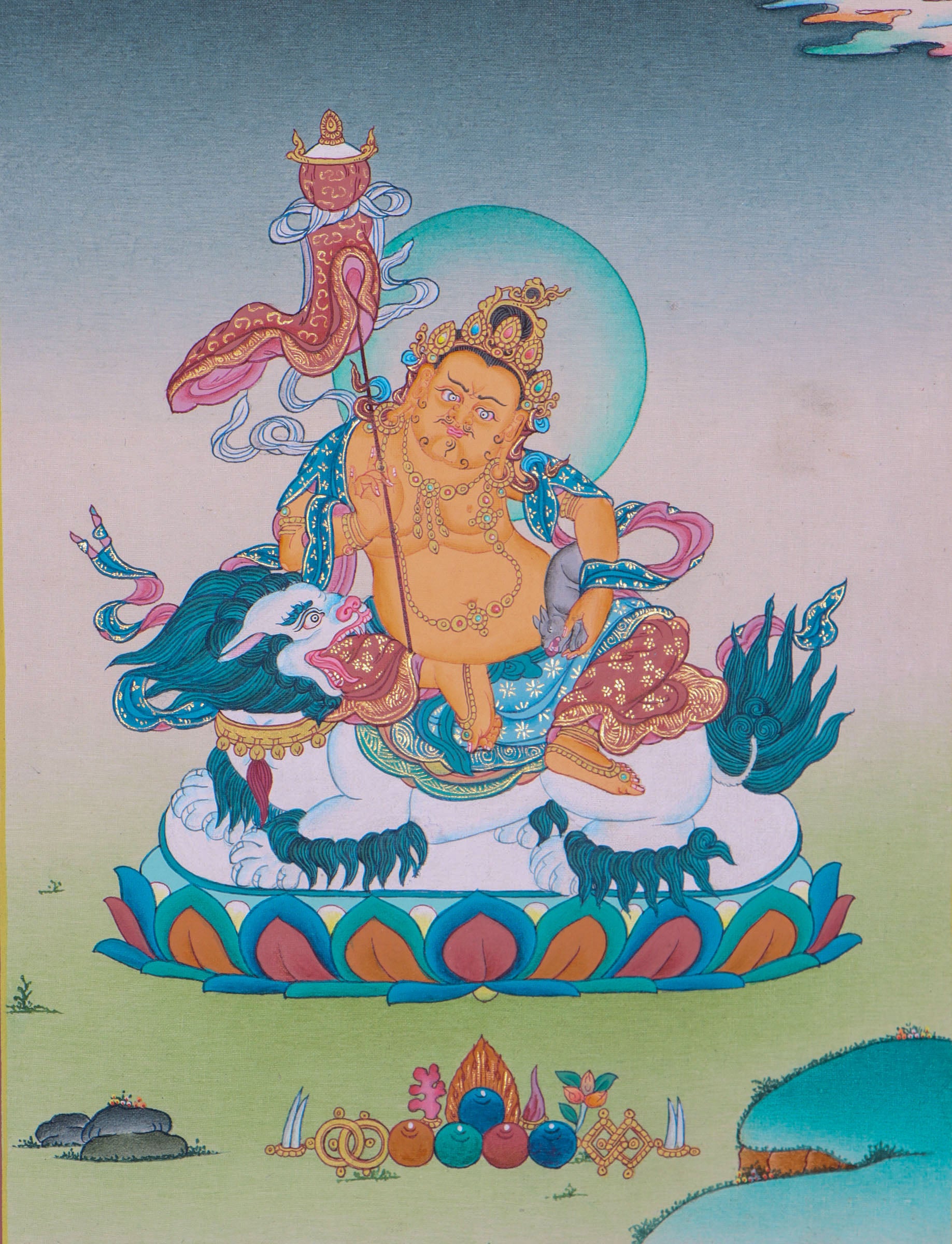 Zambala on snow lion for good luck and fortune Thangka Painting