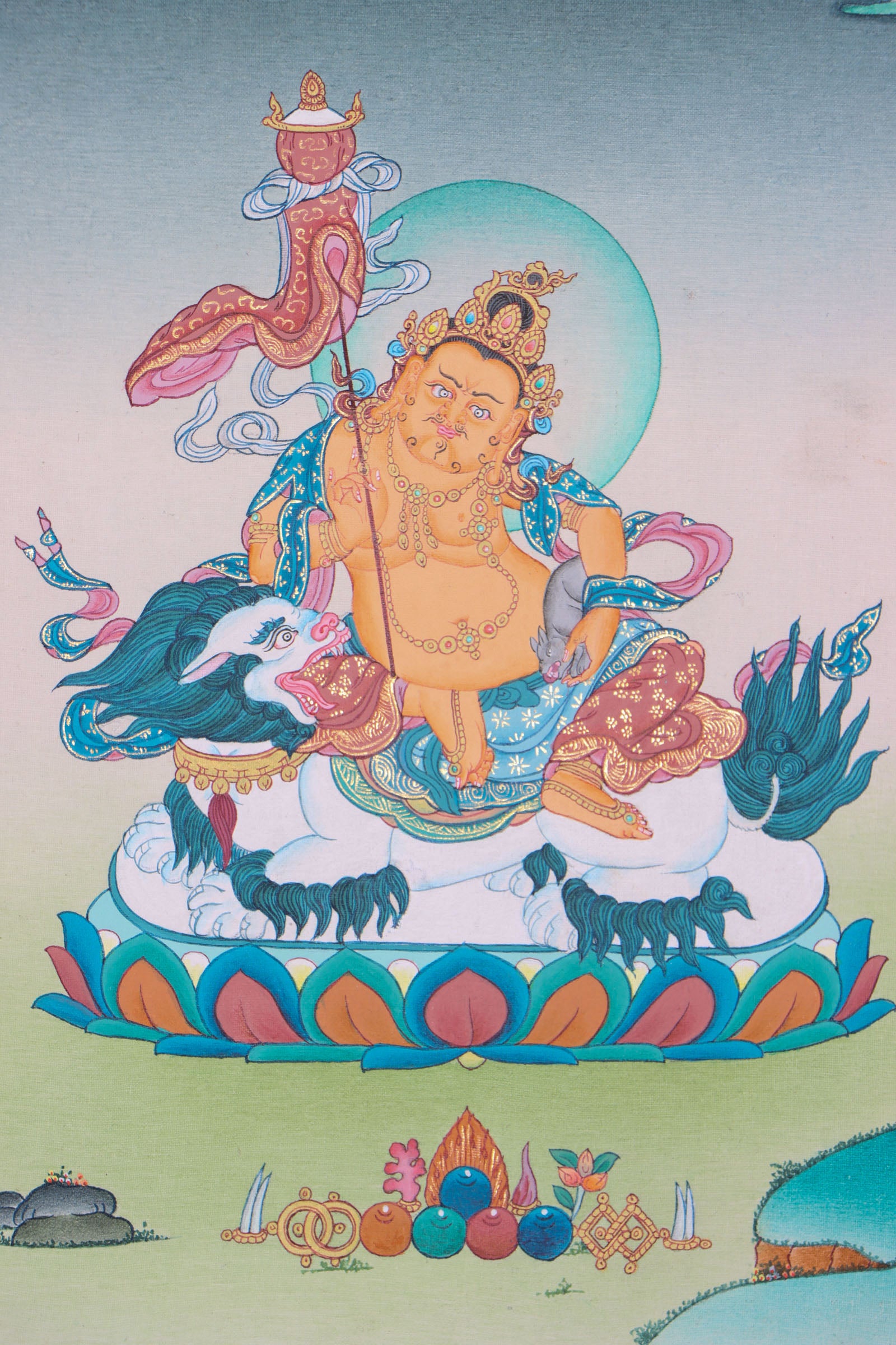 Zambala on snow lion for good luck and fortune Thangka Painting