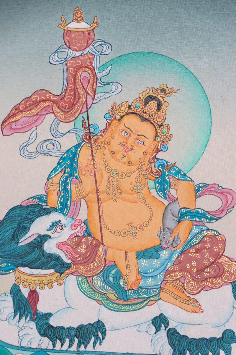 Zambala on snow lion for good luck and fortune Thangka Painting