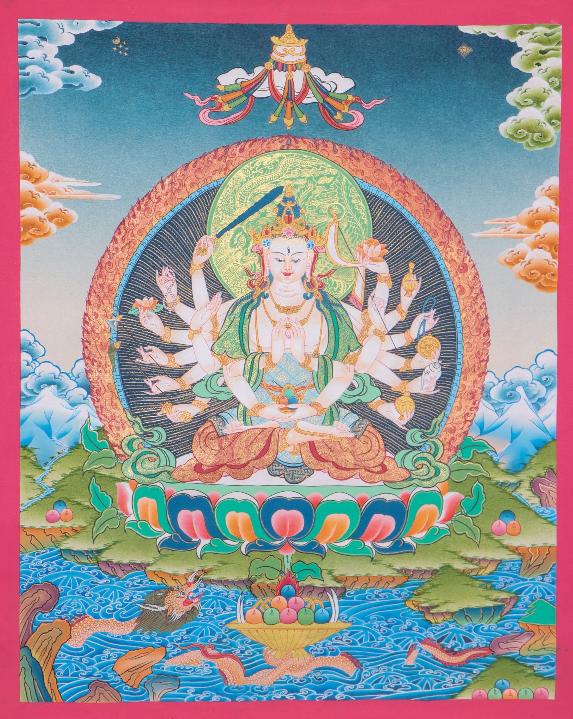 Chundi Thangka purifies  negative karma, remove obstacles, and bring about spiritual transformation.