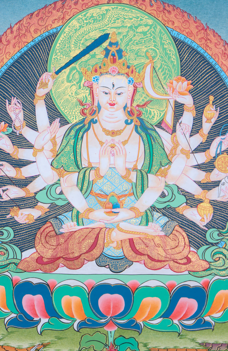 Chundi Thangka purifies negative karma, remove obstacles, and bring about spiritual transformation.