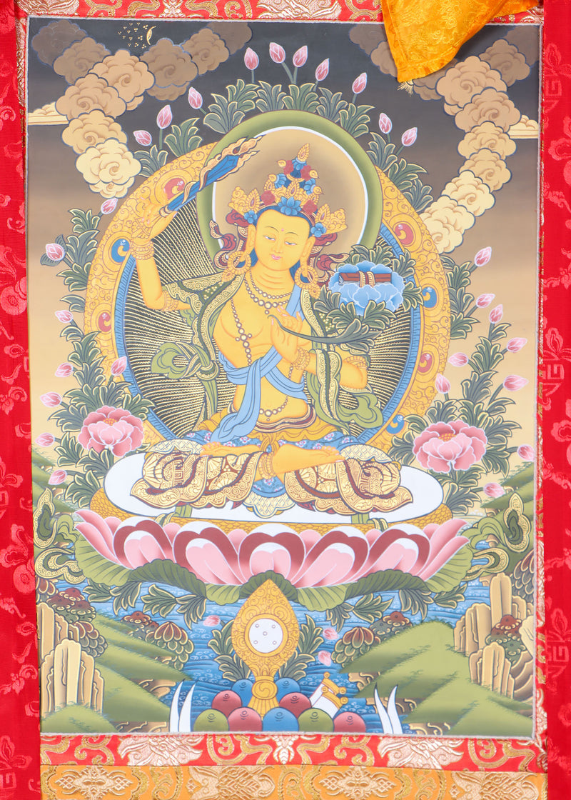 Manjushri Thangka Painting on canvas with Brocade.