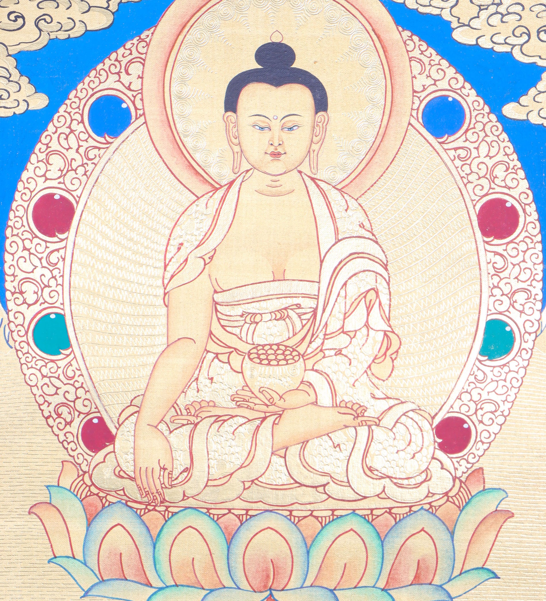 Shakyamuni Buddha Thangka promotes peace, devotion, and self-awareness.