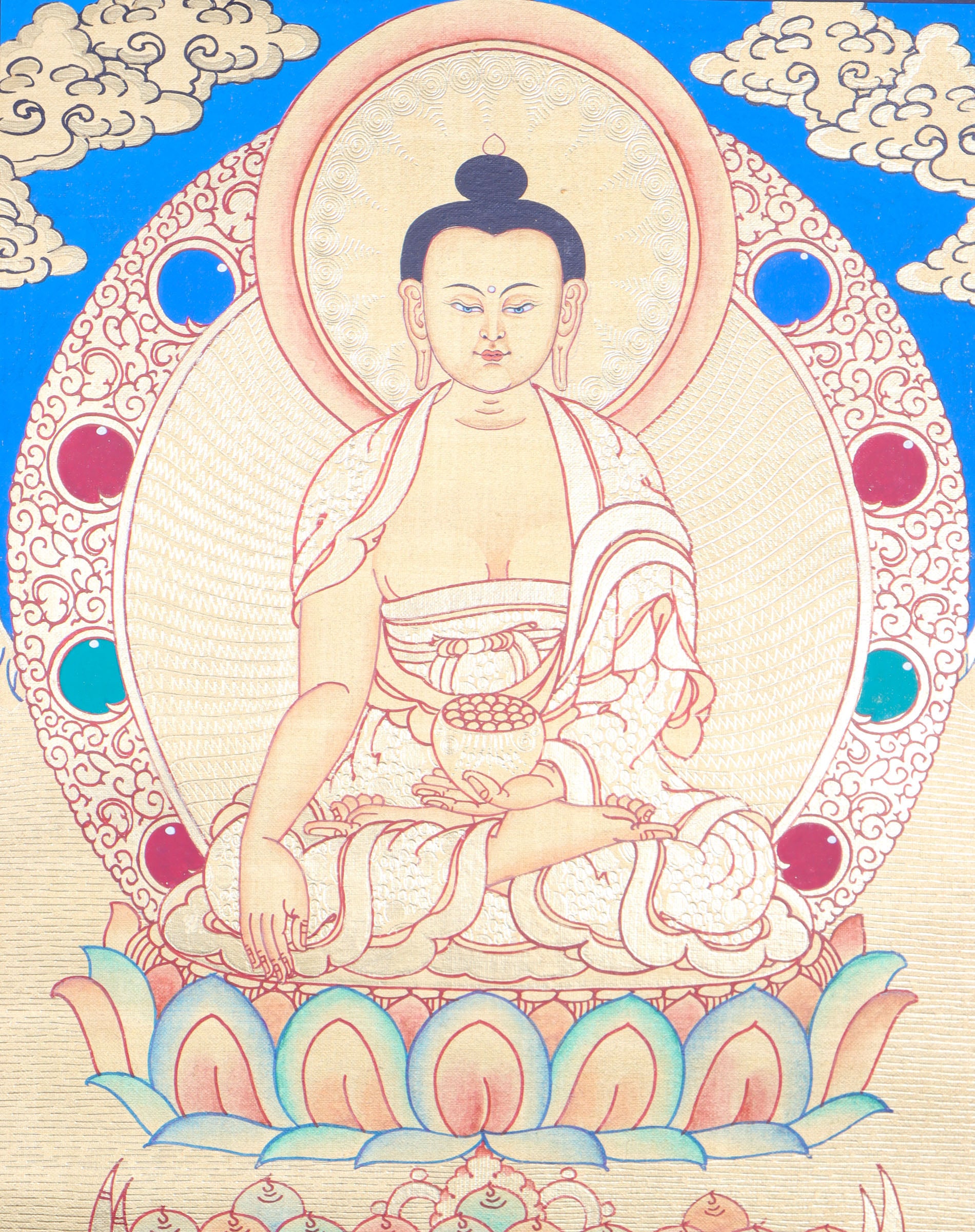 Shakyamuni Buddha Thangka promotes peace, devotion, and self-awareness.