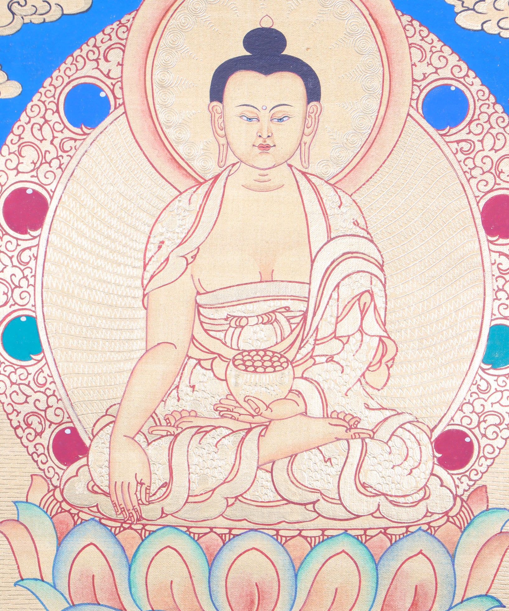 Shakyamuni Buddha Thangka promotes peace, devotion, and self-awareness.