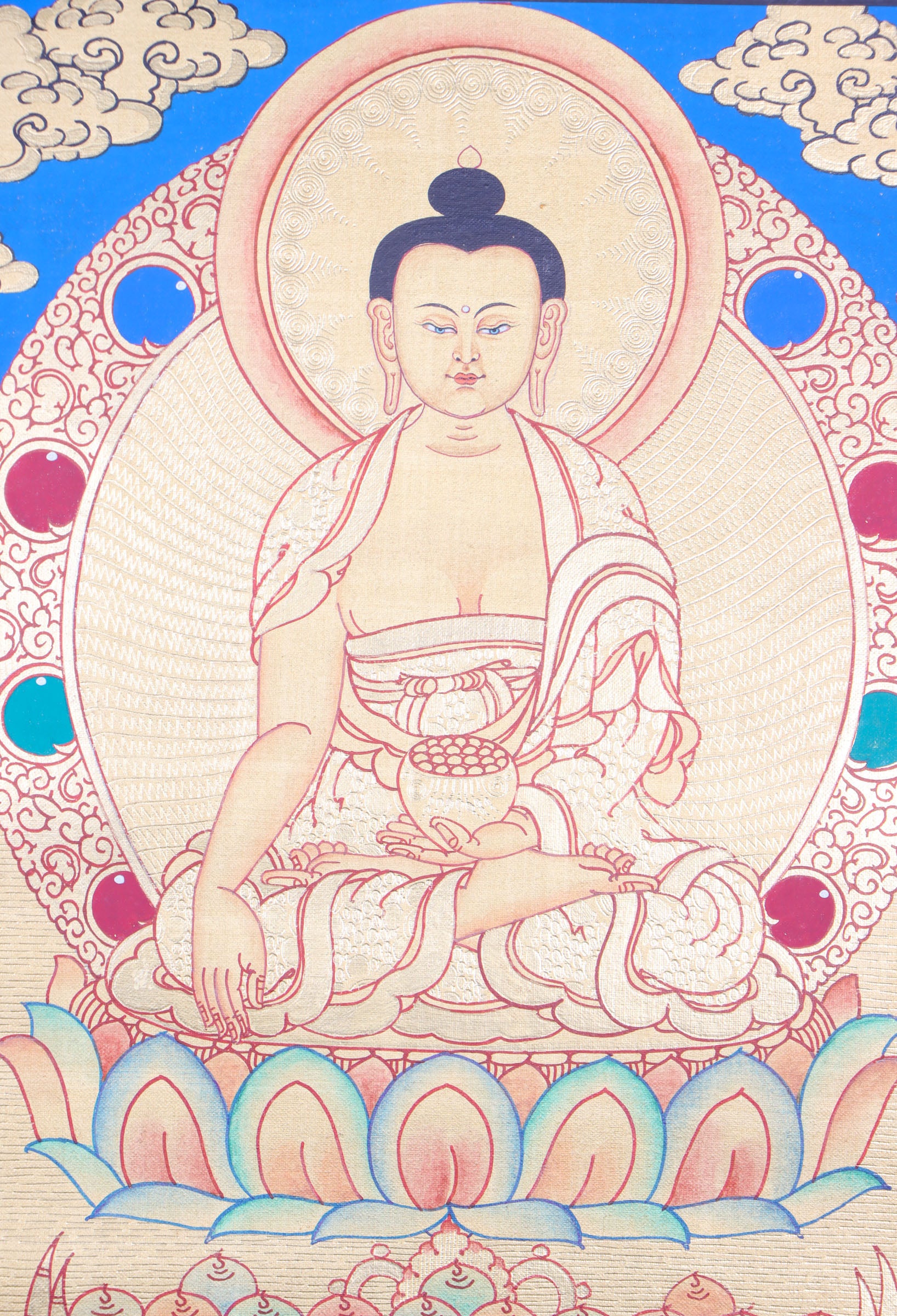 Shakyamuni Buddha Thangka promotes peace, devotion, and self-awareness.