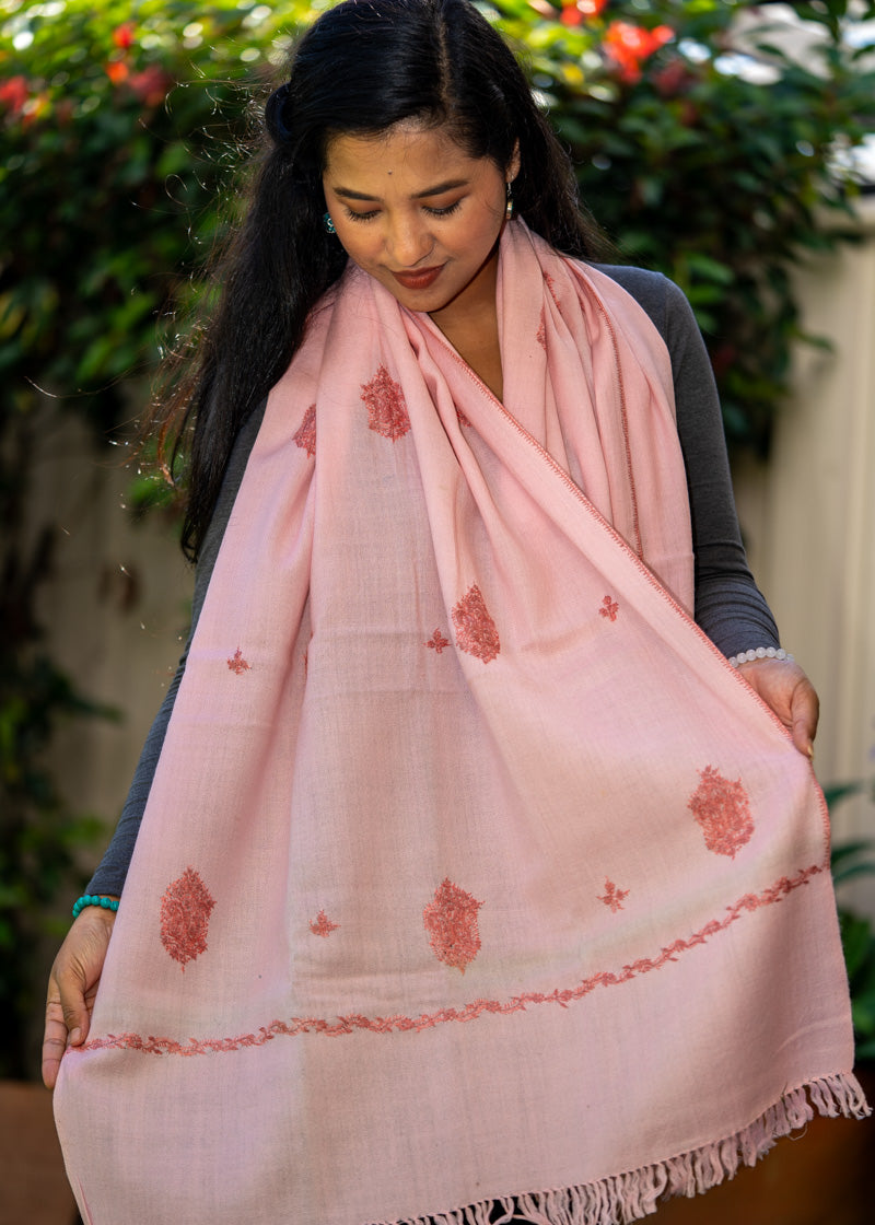 Light Pink Embroidery Pashmina Shawl- Handwoven shawl