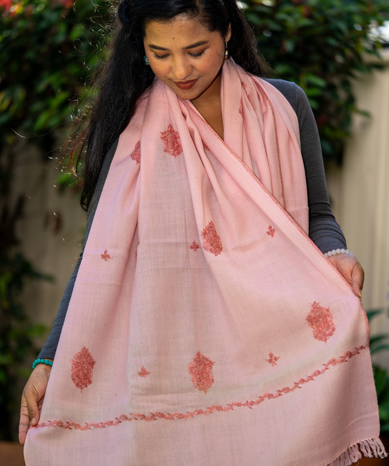 Light Pink Embroidery Pashmina Shawl- Handwoven shawl