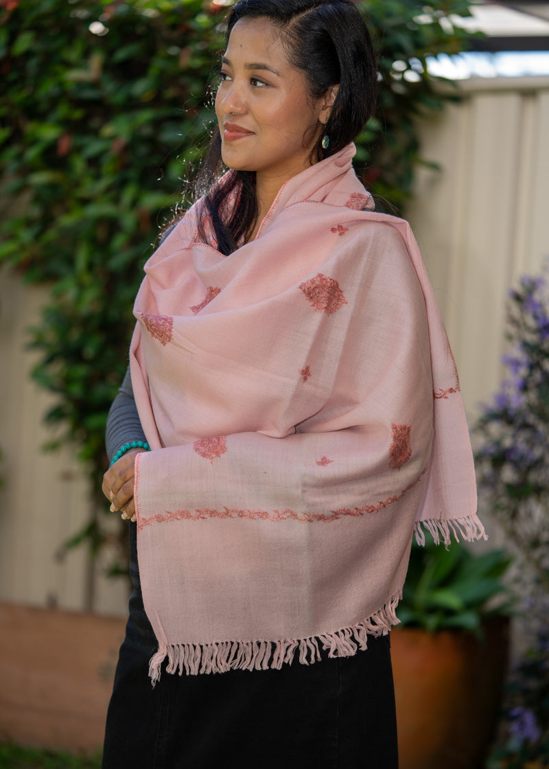 Light Pink Embroidery Pashmina Shawl- Handwoven shawl