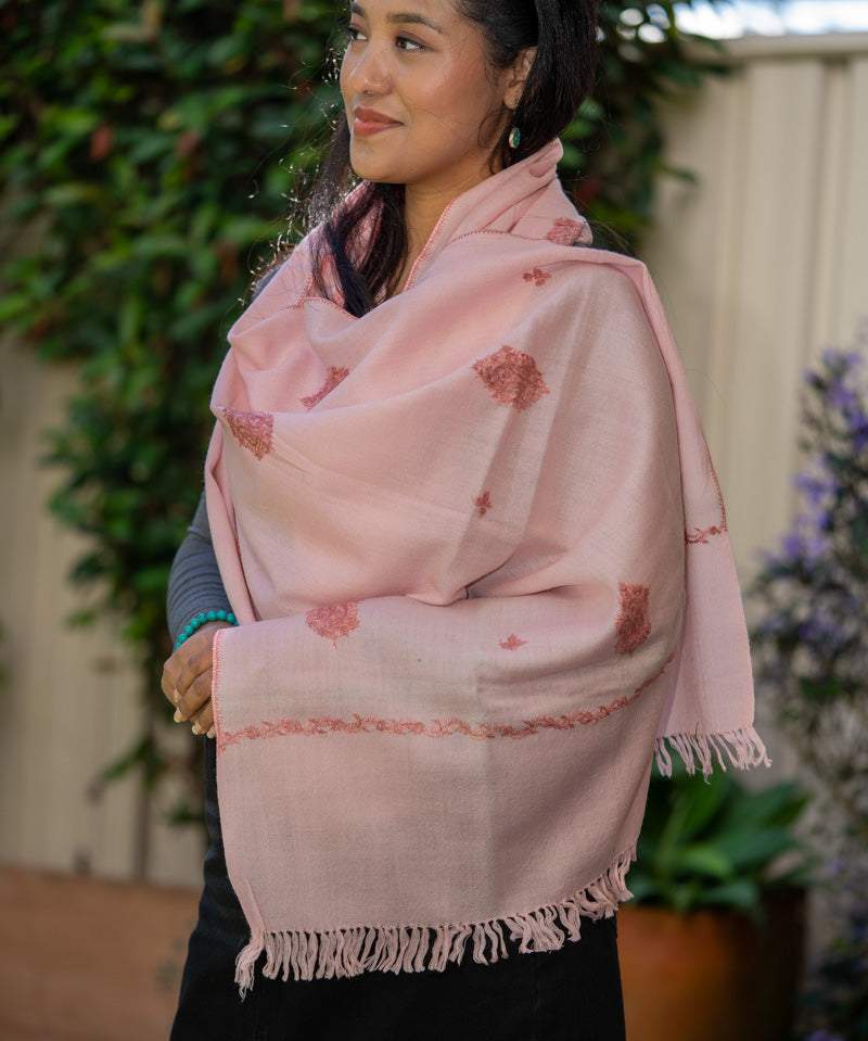 Light Pink Embroidery Pashmina Shawl- Handwoven shawl
