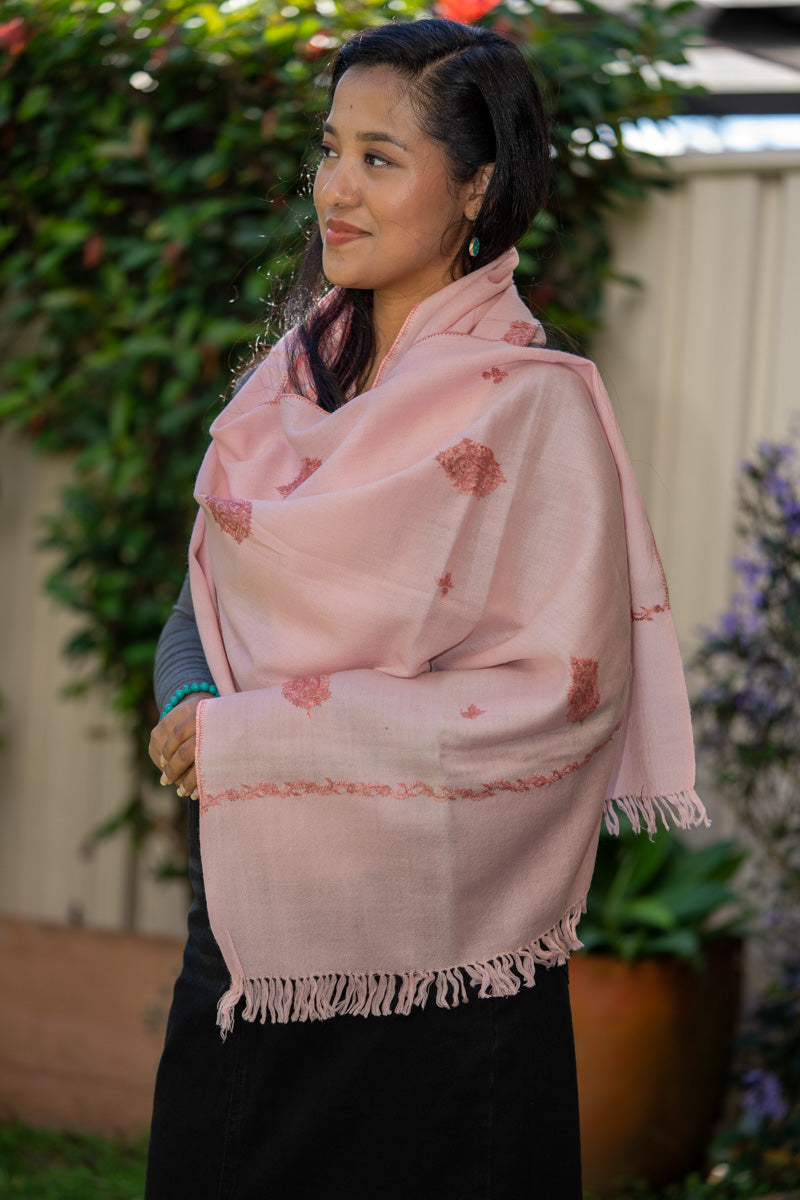 Light Pink Embroidery Pashmina Shawl- Handwoven shawl