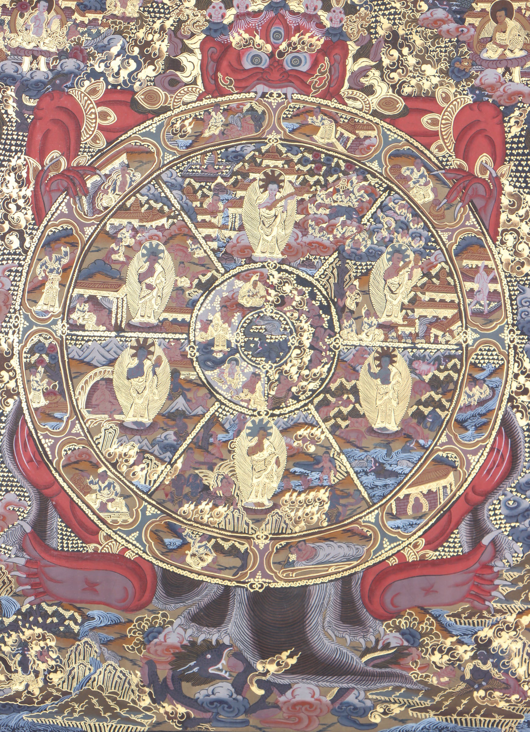 The Wheel of Life thangka illuminates Buddhism's suffering, impermanence, and liberation.