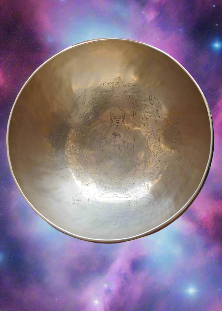Vairochana Buddha Engraved Singing Bowl for sound healing.