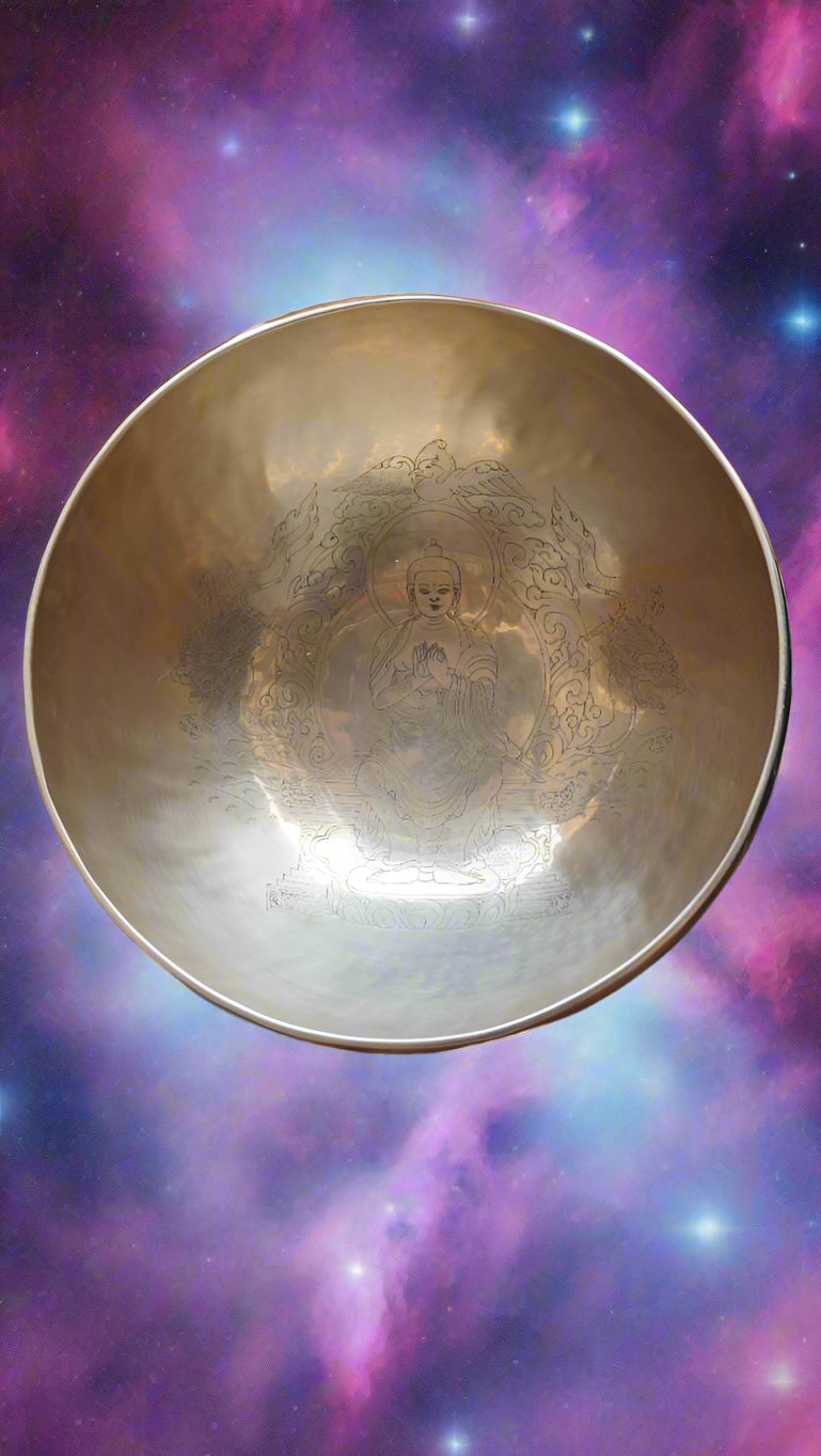 Vairochana Buddha Engraved Singing Bowl for sound healing.