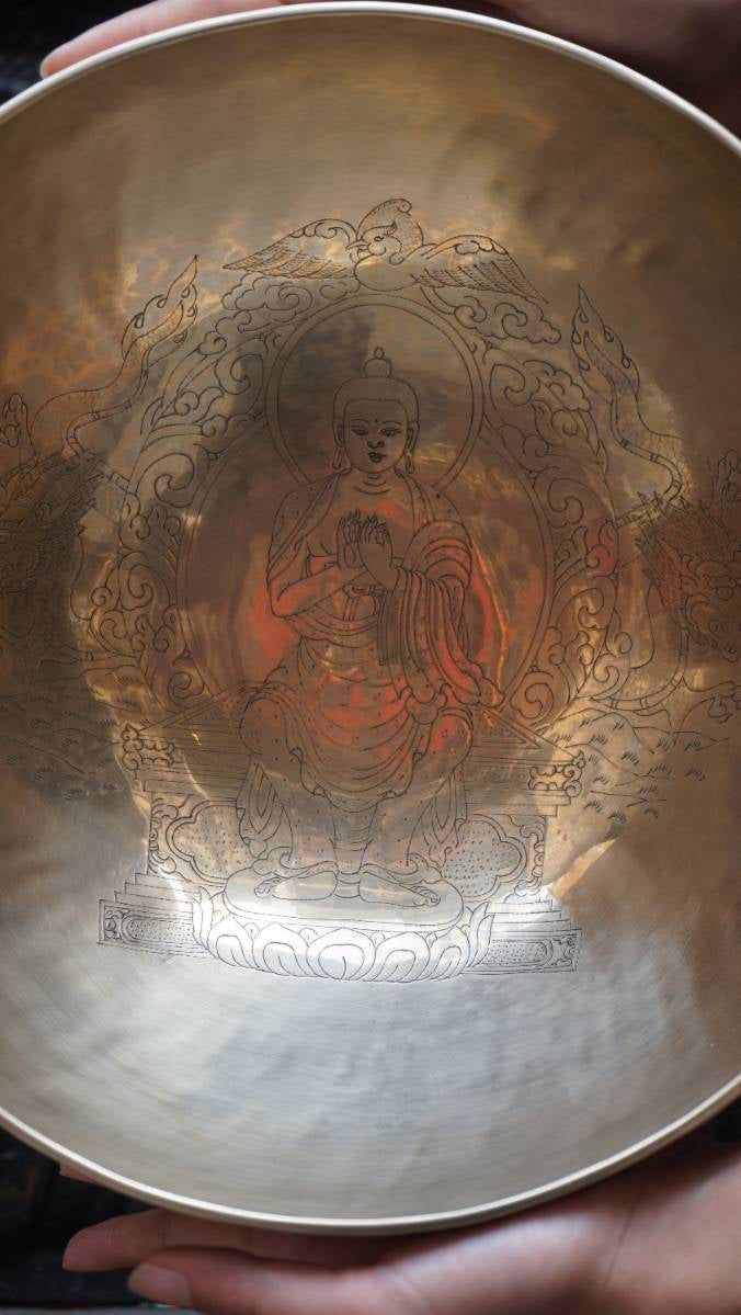 Vairochana Buddha Engraved Singing Bowl for sound healing.