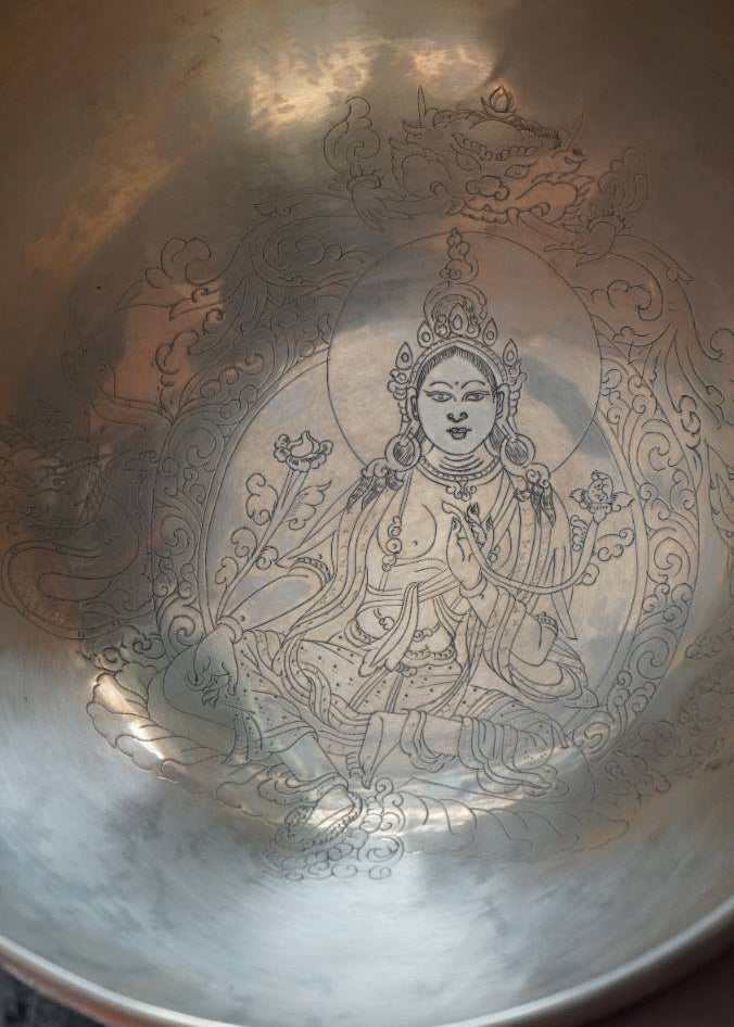 Green Tara Engraved Singing Bowl - Tibetan Sound Healing Bowl