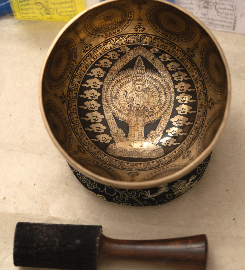 Avalokiteshvara Carved Tibetan Singing Bowl