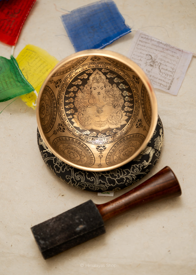 Handcrafted Tibetan Singing Bowl with Lord Ganesh Carved.