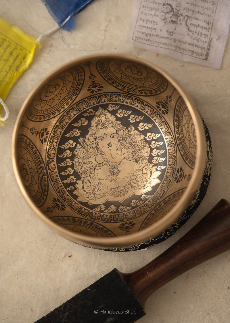 Handcrafted Tibetan Singing Bowl with Lord Ganesh Carved.