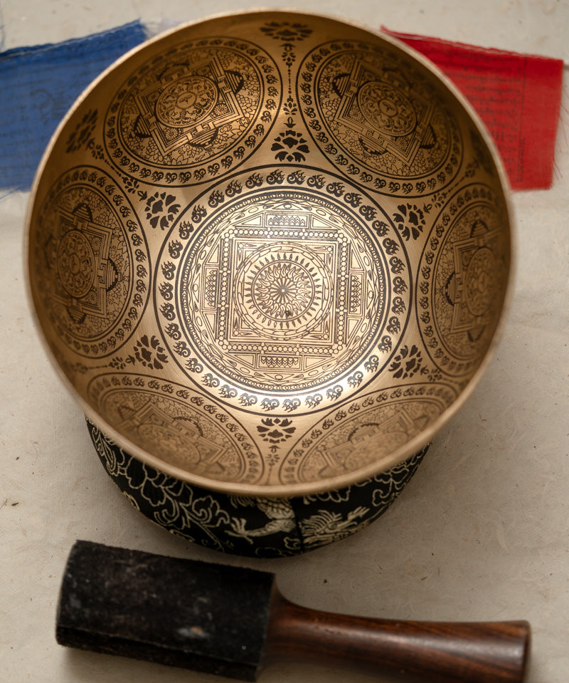 Mandala Carved Singing Bowl for sound healing.
