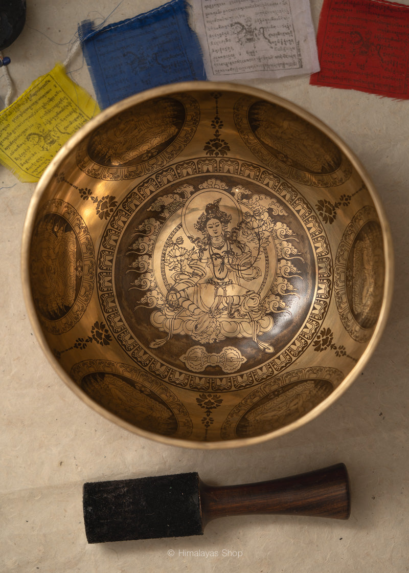 Green Tara Carved Singing Bowl - Meditation Bowl