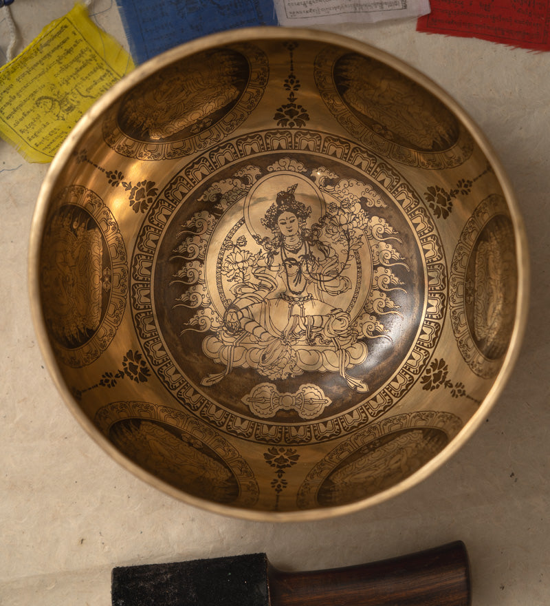 Green Tara Carved Singing Bowl - Meditation Bowl