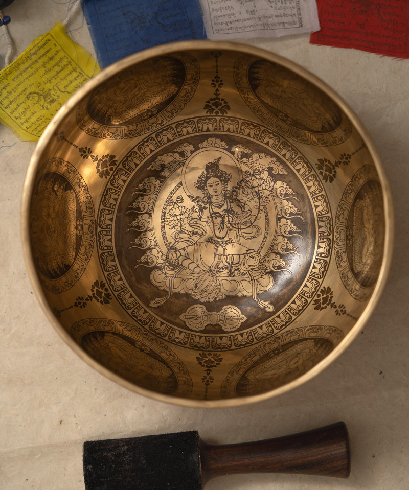 Green Tara Carved Singing Bowl - Meditation Bowl
