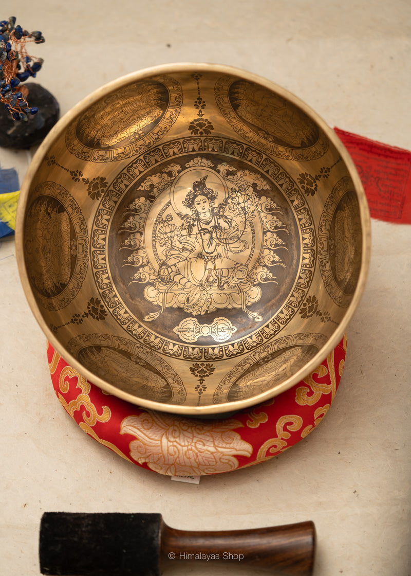 Green Tara Carved Singing Bowl - Meditation Bowl