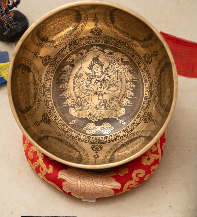 Green Tara Carved Singing Bowl - Meditation Bowl