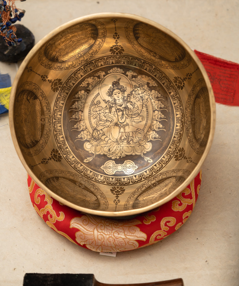 Green Tara Carved Singing Bowl - Meditation Bowl