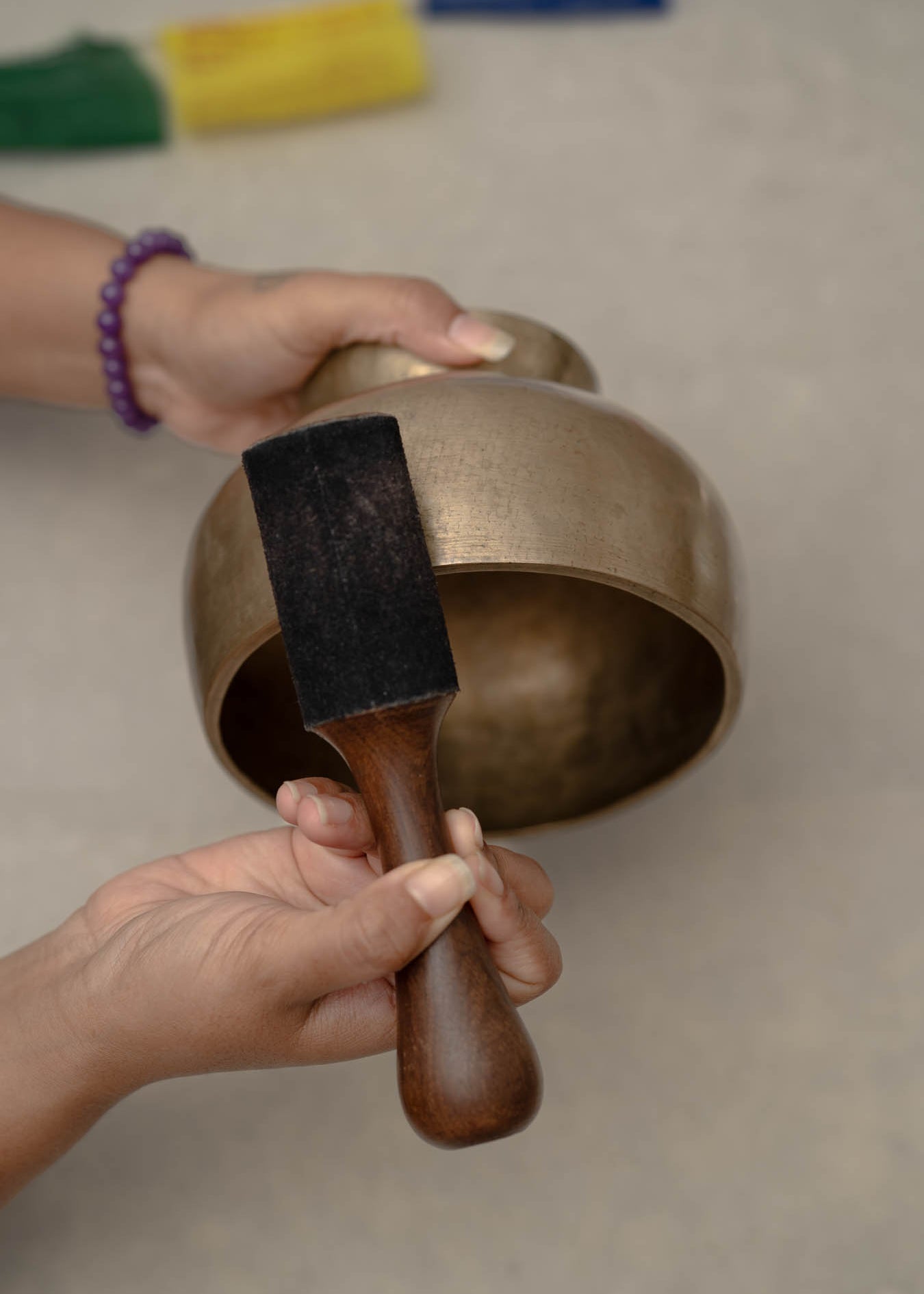 Antique Naga singing bowl with pedestal base tuned to D4 and E4 for chakra healing and meditation