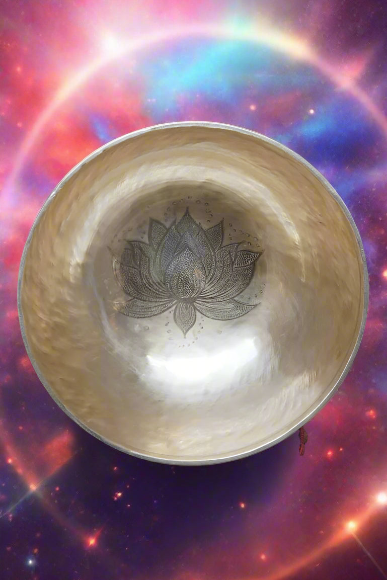 Tibetan Handcrafted Lotus Engraved Singing Bowl for meditation.