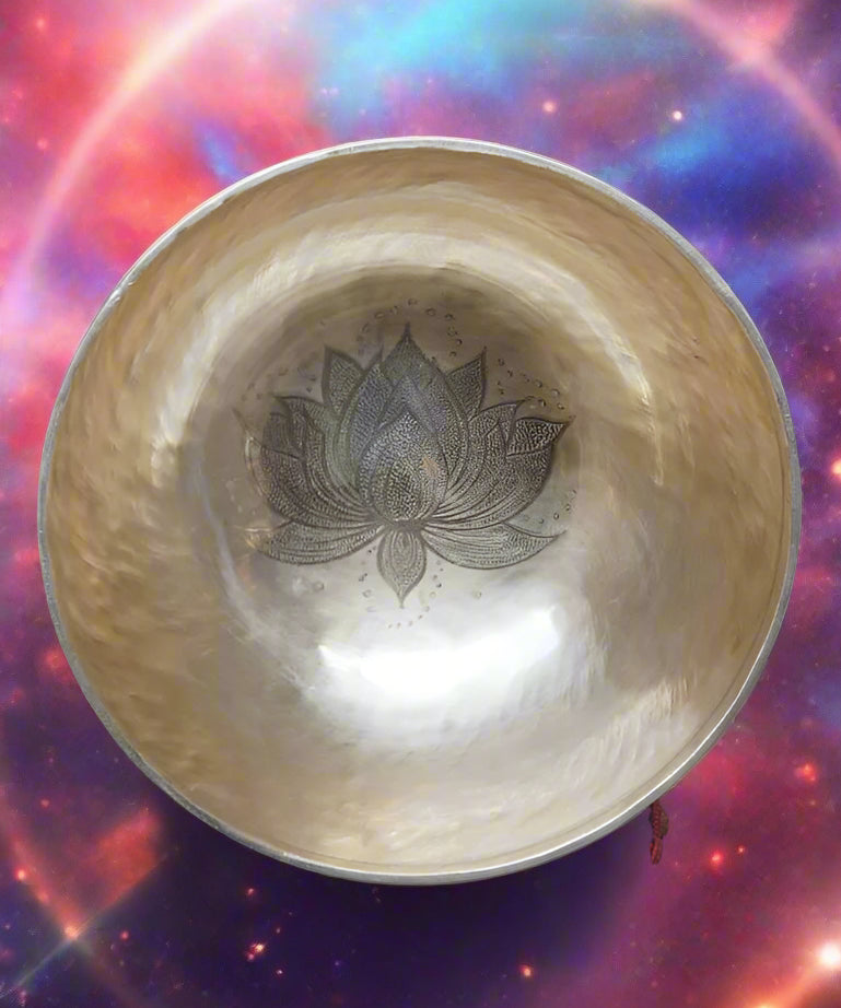 Tibetan Handcrafted Lotus Engraved Singing Bowl for meditation.