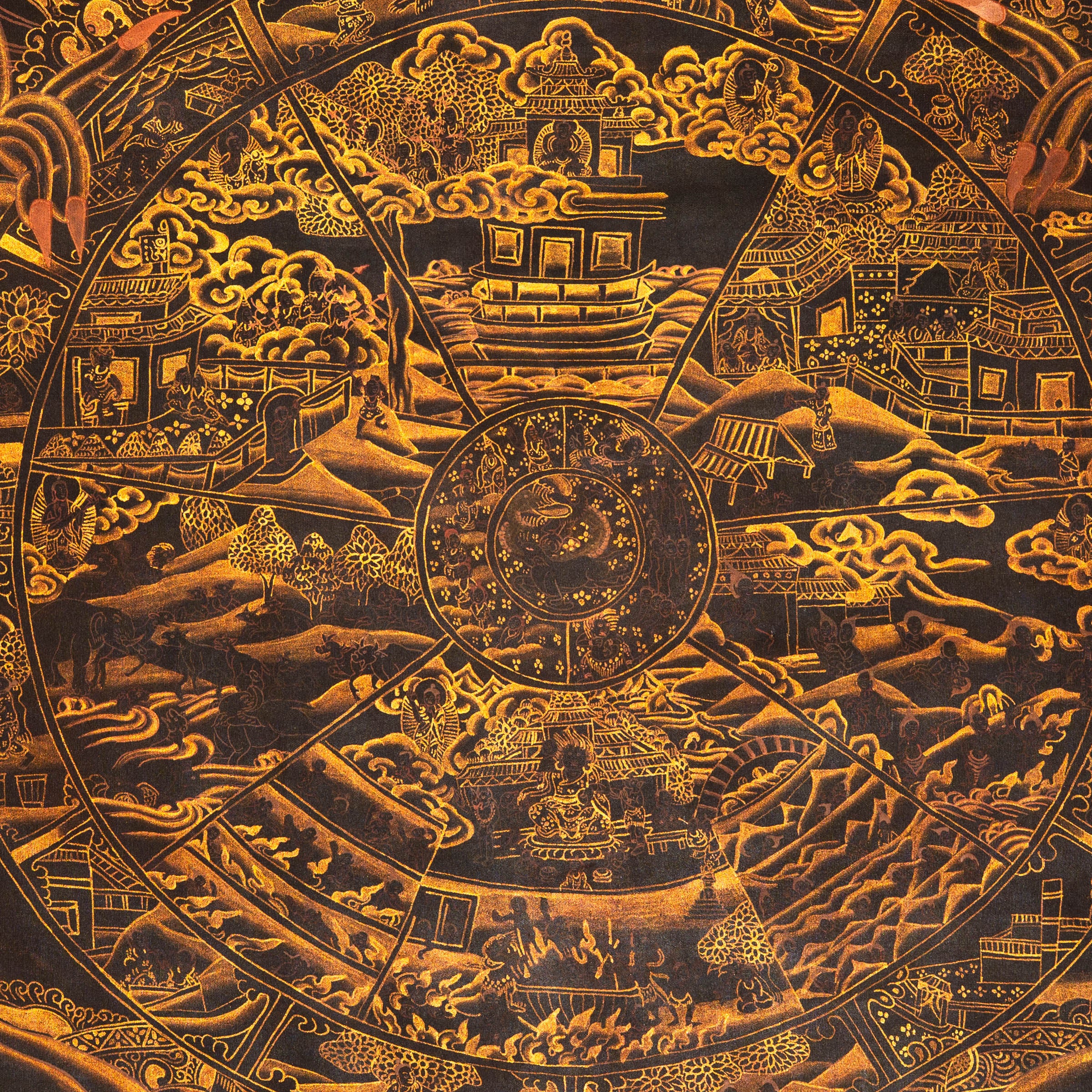 Antique Wheel of Life Thangka - Sacred Tibetan Painting 