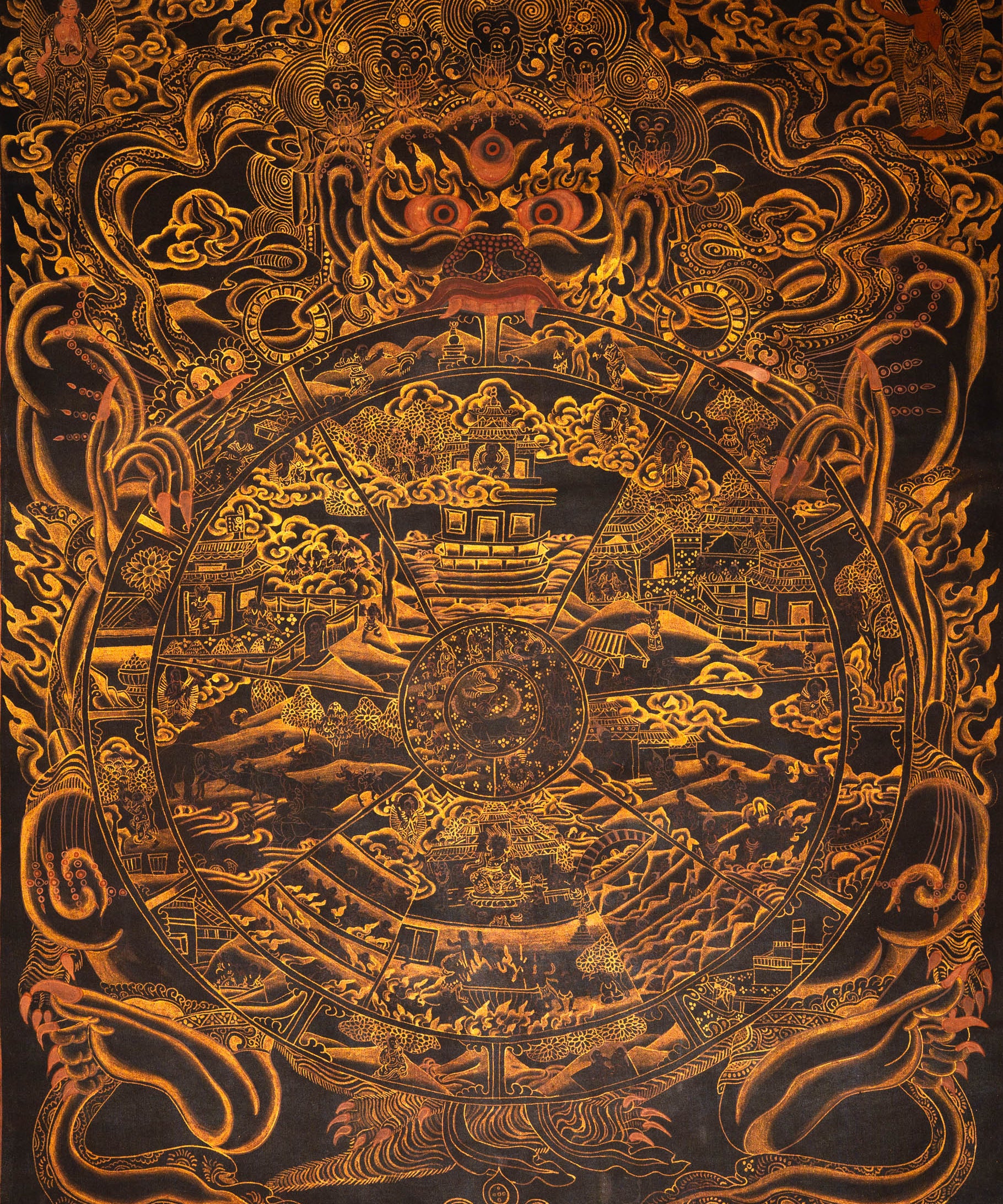 Antique Wheel of Life Thangka - Sacred Tibetan Painting 